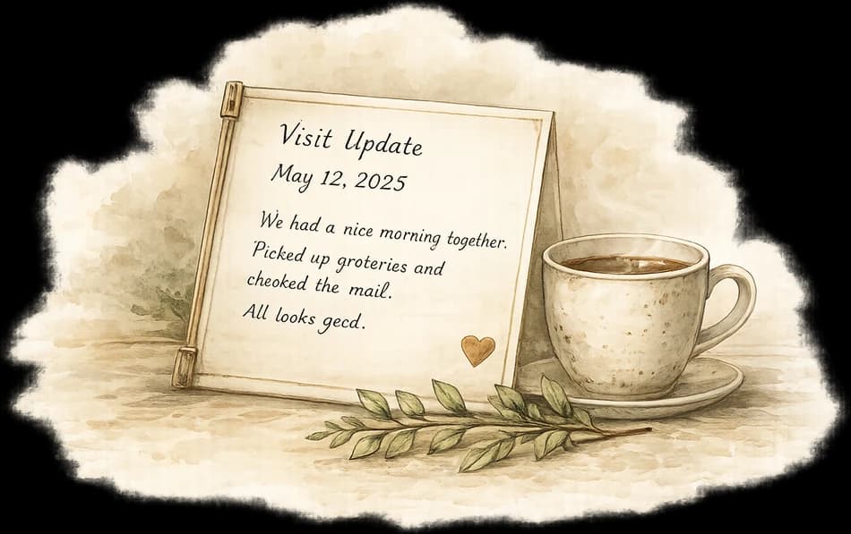 A handwritten visit update card beside a cup of coffee