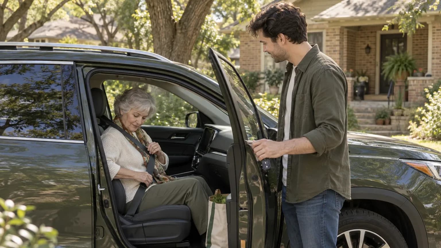 An older woman fastening her seatbelt in the passenger seat, groceries in the footwell, while a ThereWhen companion holds the door