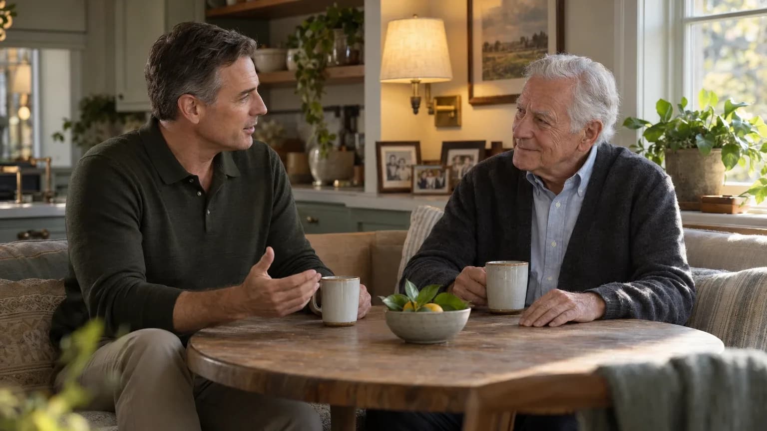 An adult son mid-conversation with his father over coffee at the kitchen table