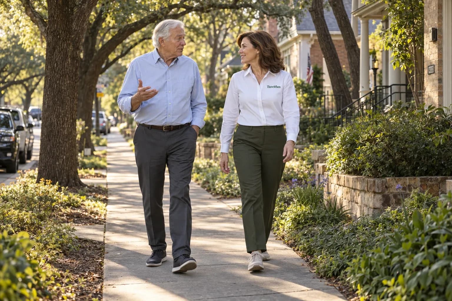 An older man and a ThereWhen companion walking and talking together on a tree-lined neighborhood sidewalk