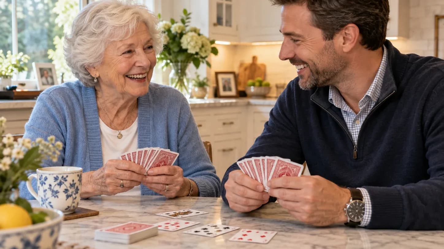 An older woman and a ThereWhen companion laughing over a hand of cards at the kitchen counter