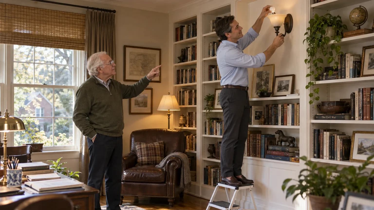 An older man pointing out a wall sconce in his study while a ThereWhen companion changes the bulb from a step stool