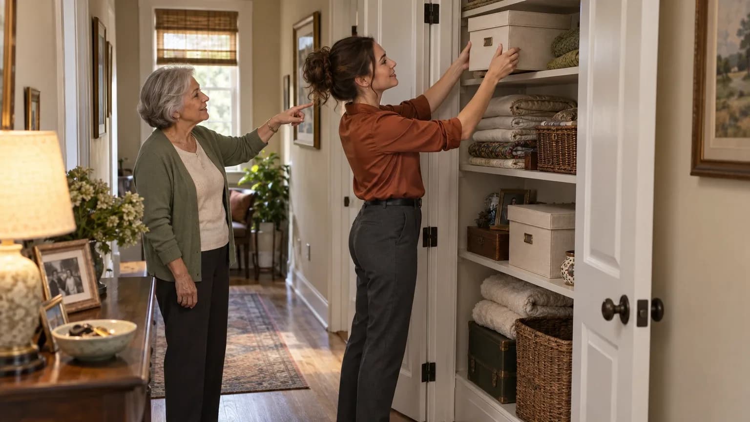 An older woman pointing out which box she wants while a ThereWhen companion reaches it down from a high closet shelf